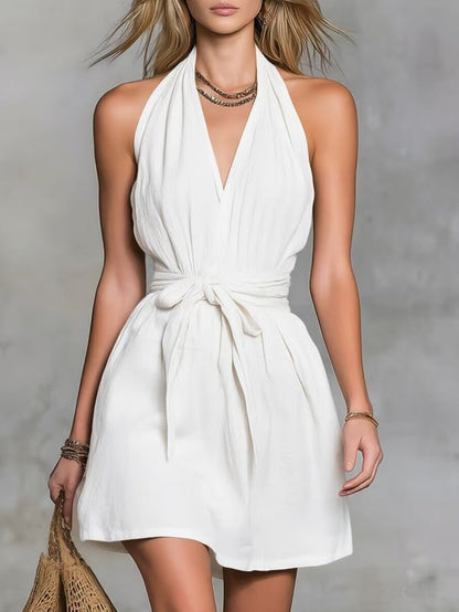 Robe décontractée pour femme avec col licou, col en V et taille nouée, idéale pour les vacances