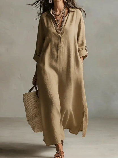 Robe chemise décontractée unie à revers à manches longues de style ample