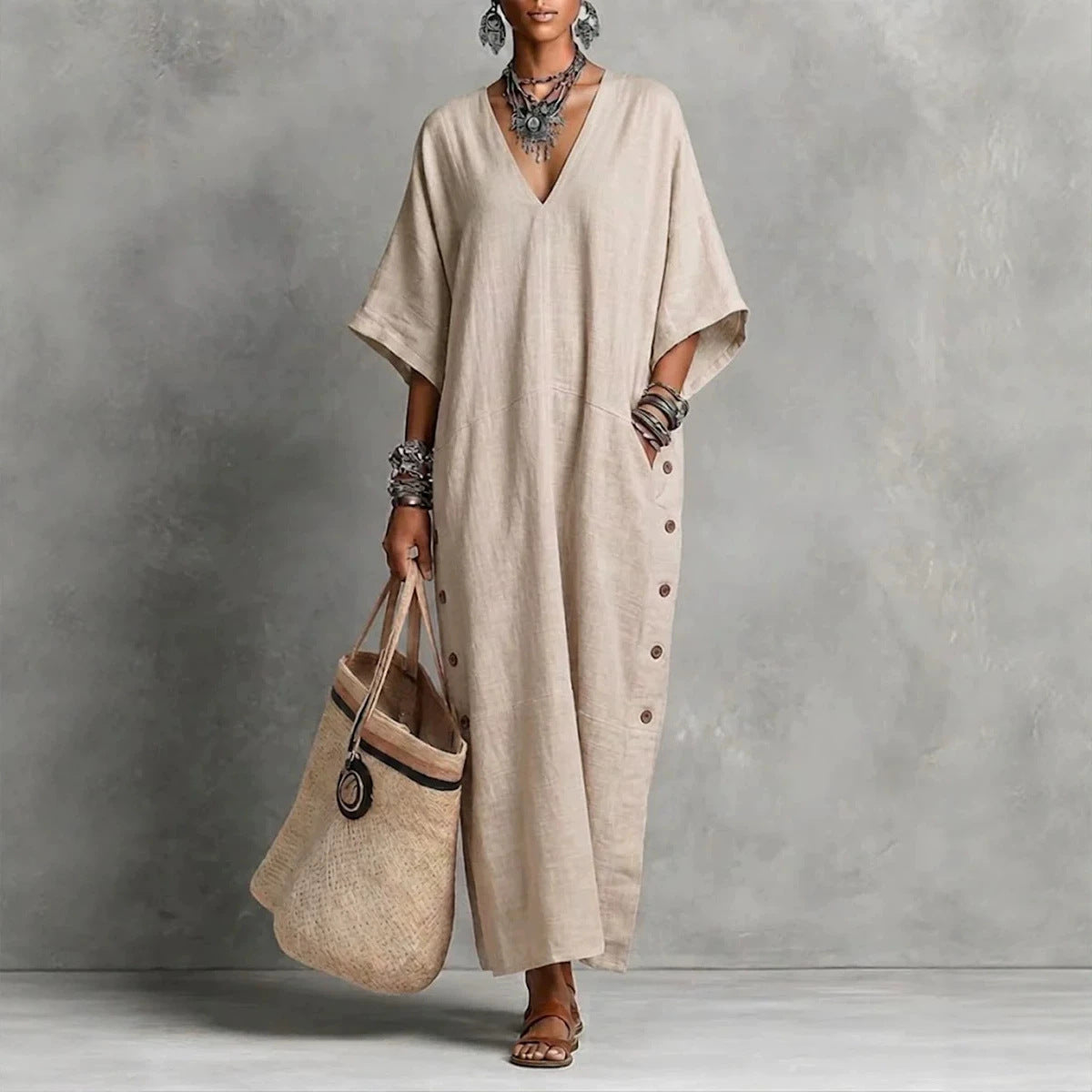 Robe Tunique Longue en Lin Naturel avec Col en V, Manches Chauve-souris et Fente Boutonnée sur le Côté