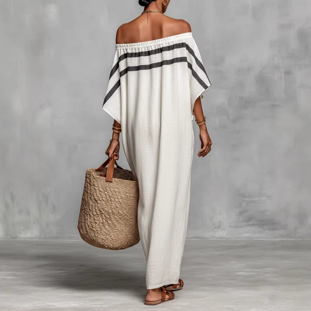 Robe longue caftan en lin à rayures, épaules dénudées et manches chauve-souris
