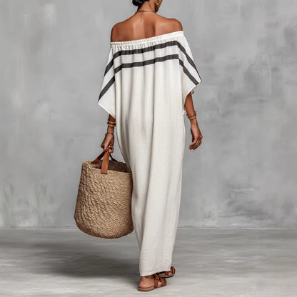 Robe longue caftan en lin à rayures, épaules dénudées et manches chauve-souris
