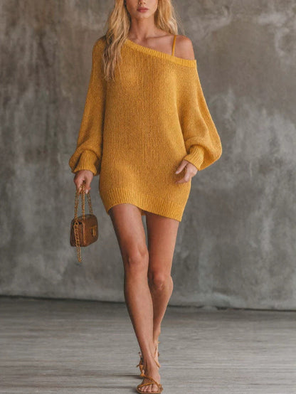 Robe Pull Tricotée Oversize Épaules Dénudées Femme Manches Lanterne Ample Mini Robe