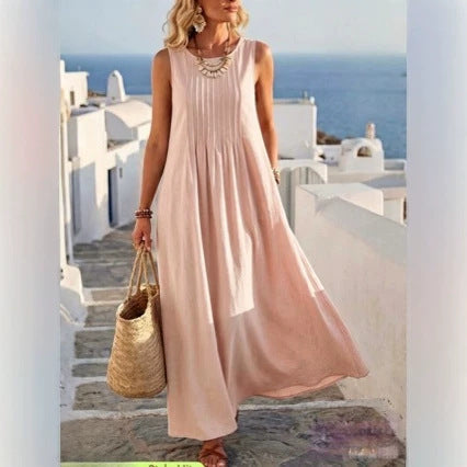 Robe longue de vacances plissée en mélange de lin avec poches