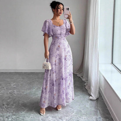 Robe longue à imprimé floral, froncée et à manches papillon fluides