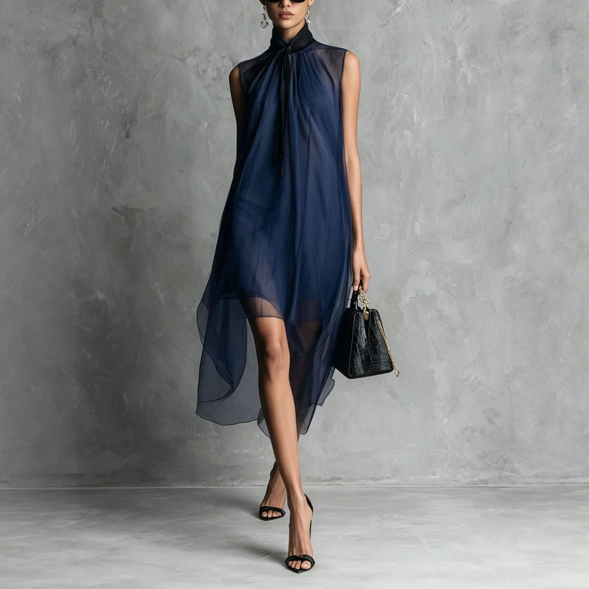 Robe midi asymétrique sans manches en maille transparente avec col à nouer