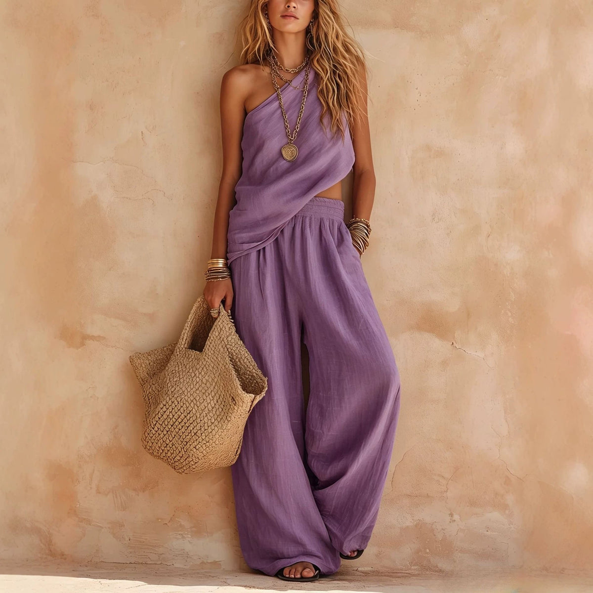 Ensemble deux pièces pantalon en lin asymétrique rose poudré à une épaule