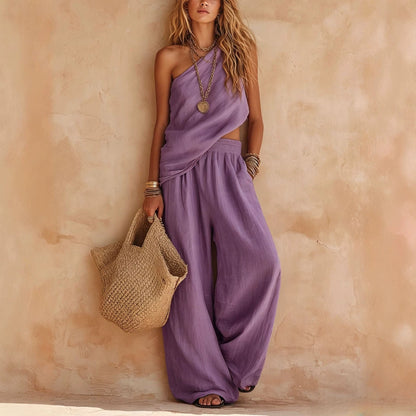 Ensemble deux pièces pantalon en lin asymétrique rose poudré à une épaule