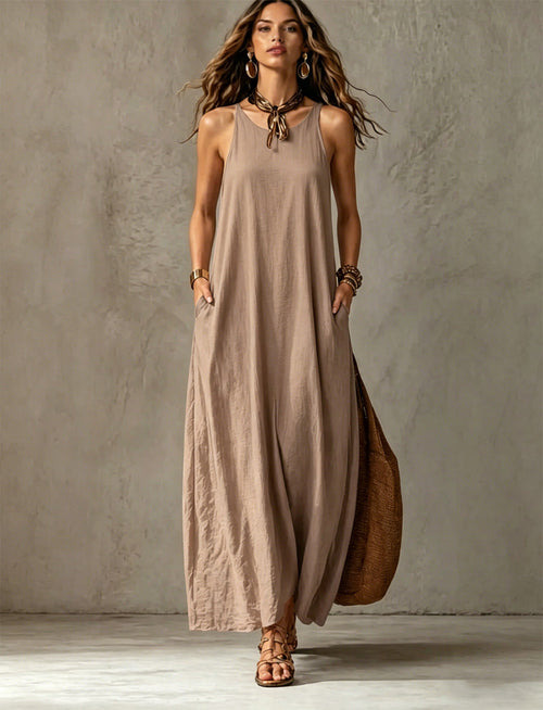 Robe longue texturée sans manches à encolure ronde et poches, coupe tente