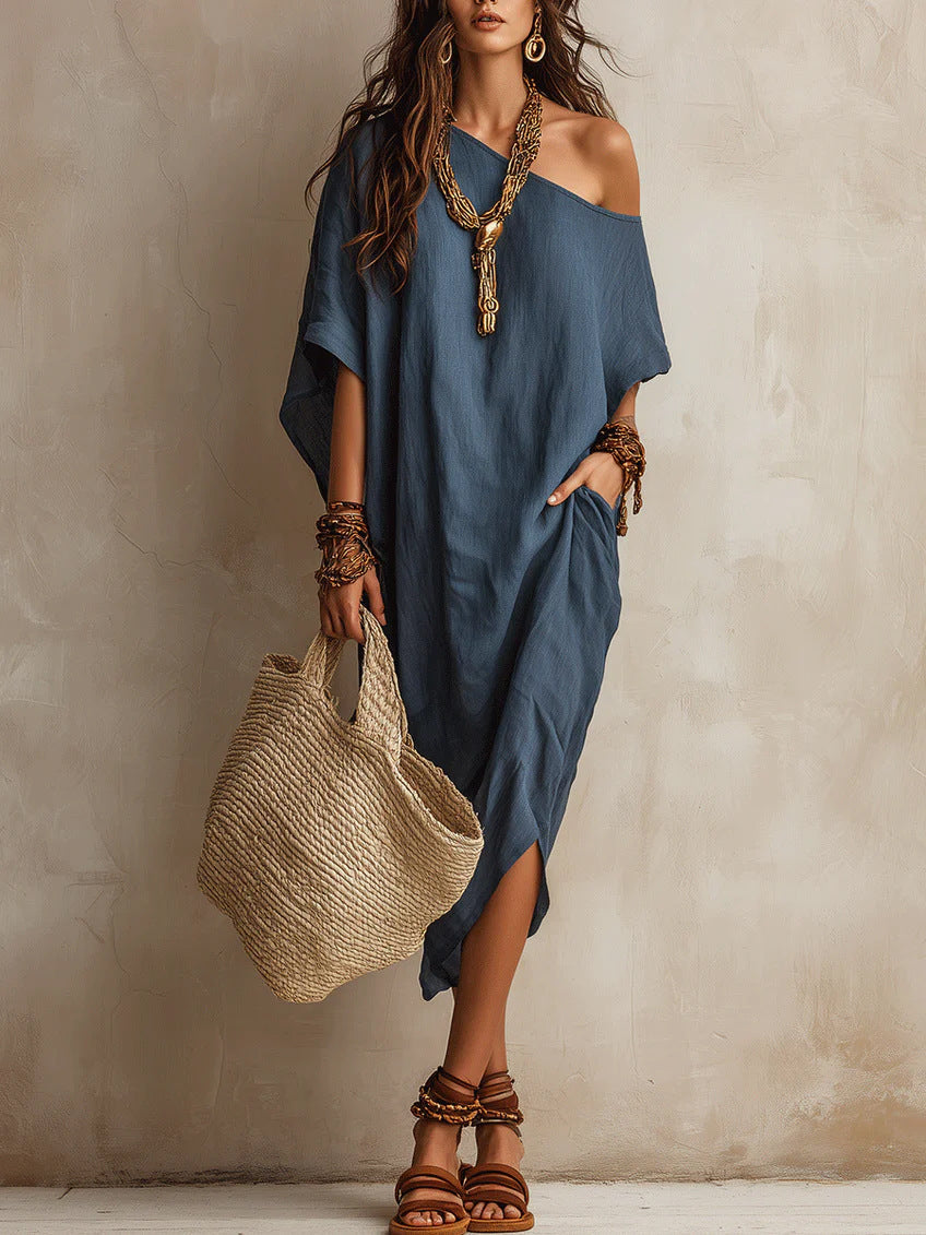 Robe femme coton et lin asymétrique ample manches chauve-souris mi-longue fendue pour les vacances