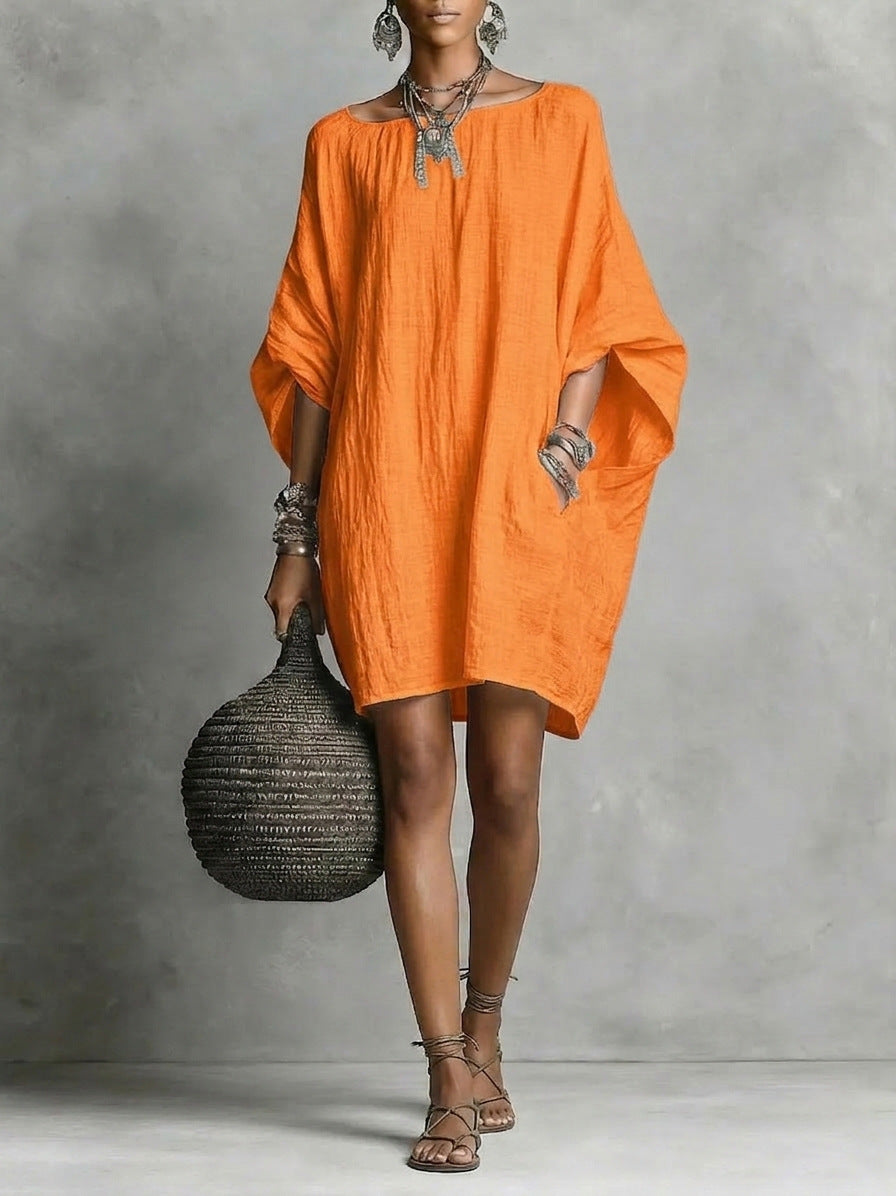 Robe décontractée femme en coton-lin, couleur unie, col rond, manches 3/4, coupe ample