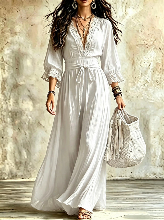 Robe longue bohème en V pour femme, manches 3/4 évasées, taille nouée, coupe trapèze, fluide, décontractée, pour les vacances à la plage