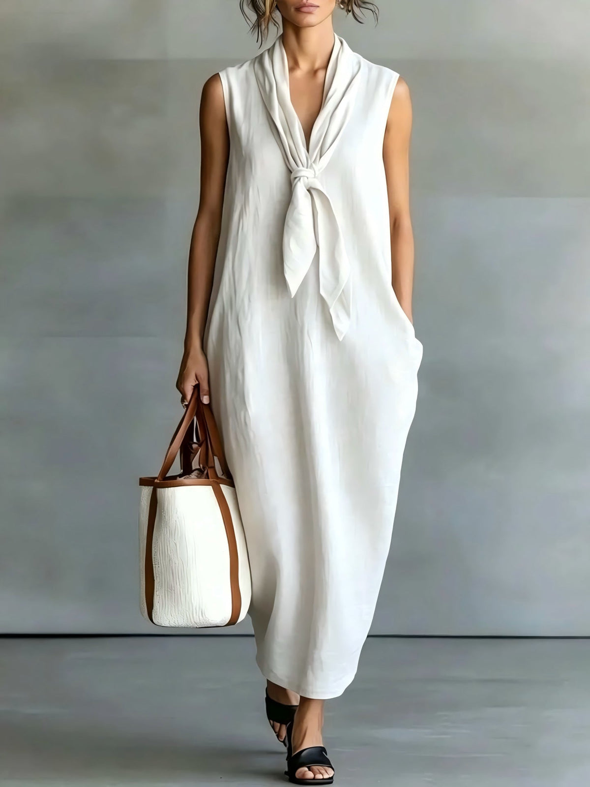 Robe trapèze mi-longue sans manches en lin beige naturel à nouer sur le devant