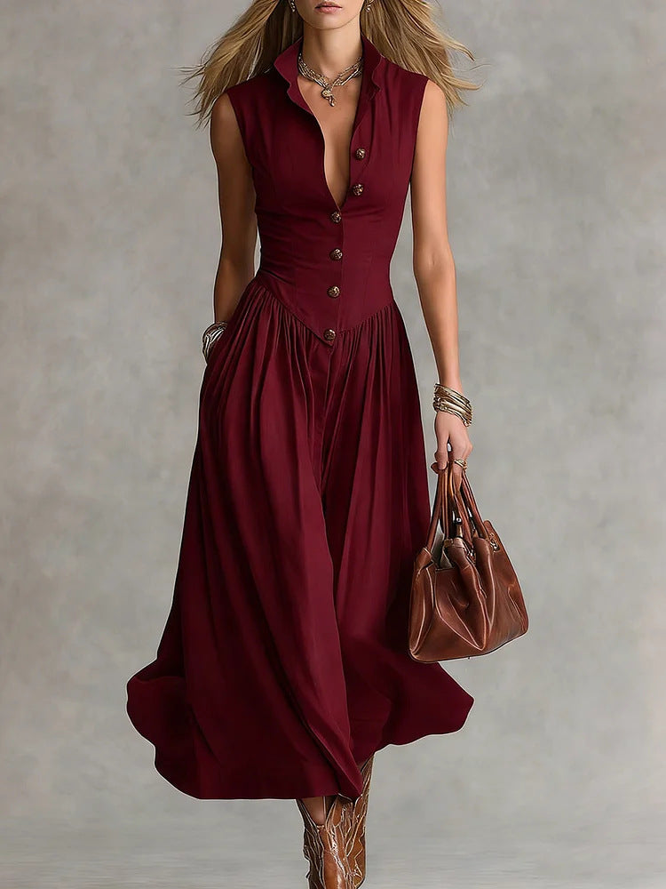 Robe Longue Slim Chic Style Déesse Française avec Col Revers et Sans Manches pour Femme