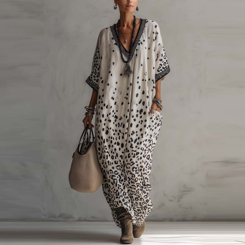 Robe longue caftan chauve-souris à imprimé léopard dégradé blanc