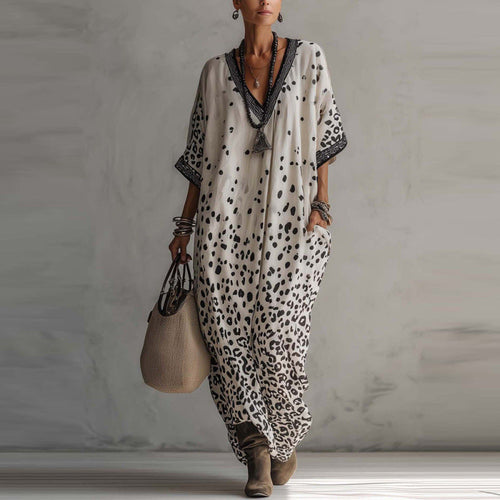 Robe longue caftan chauve-souris à imprimé léopard dégradé blanc