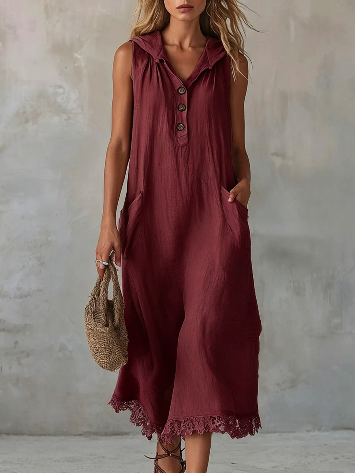 Robe midi sans manches en lin avec col, demi-bouton et ourlet en dentelle