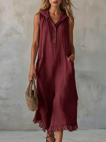 Robe midi sans manches en lin avec col, demi-bouton et ourlet en dentelle