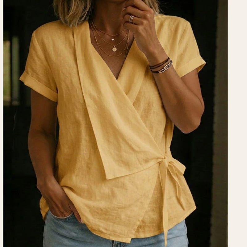 Blouse à manches courtes et col en V en lin mélangé avec ceinture à nouer à la taille