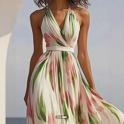 Robe longue plissée à fleurs avec encolure en V et ceinture à la taille