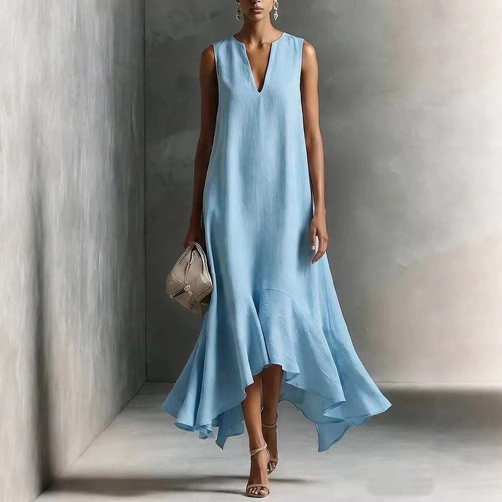 Robe midi sans manches en lin à col en V et ourlet volanté