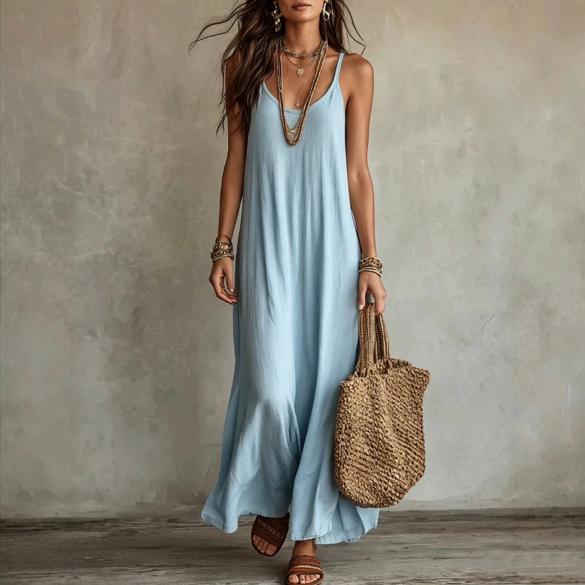 Robe longue ample à fines bretelles en lin texturé