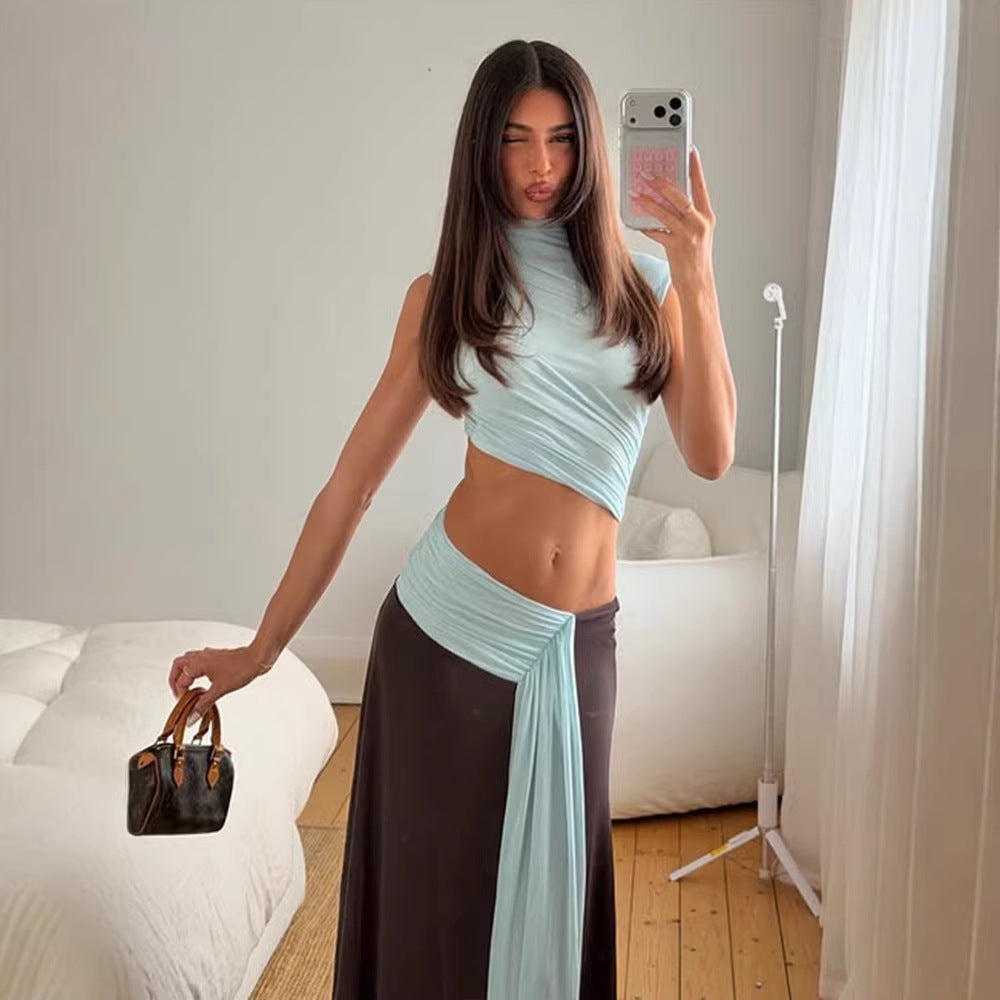 Ensemble maxi deux pièces ruché bleu glacier et marron