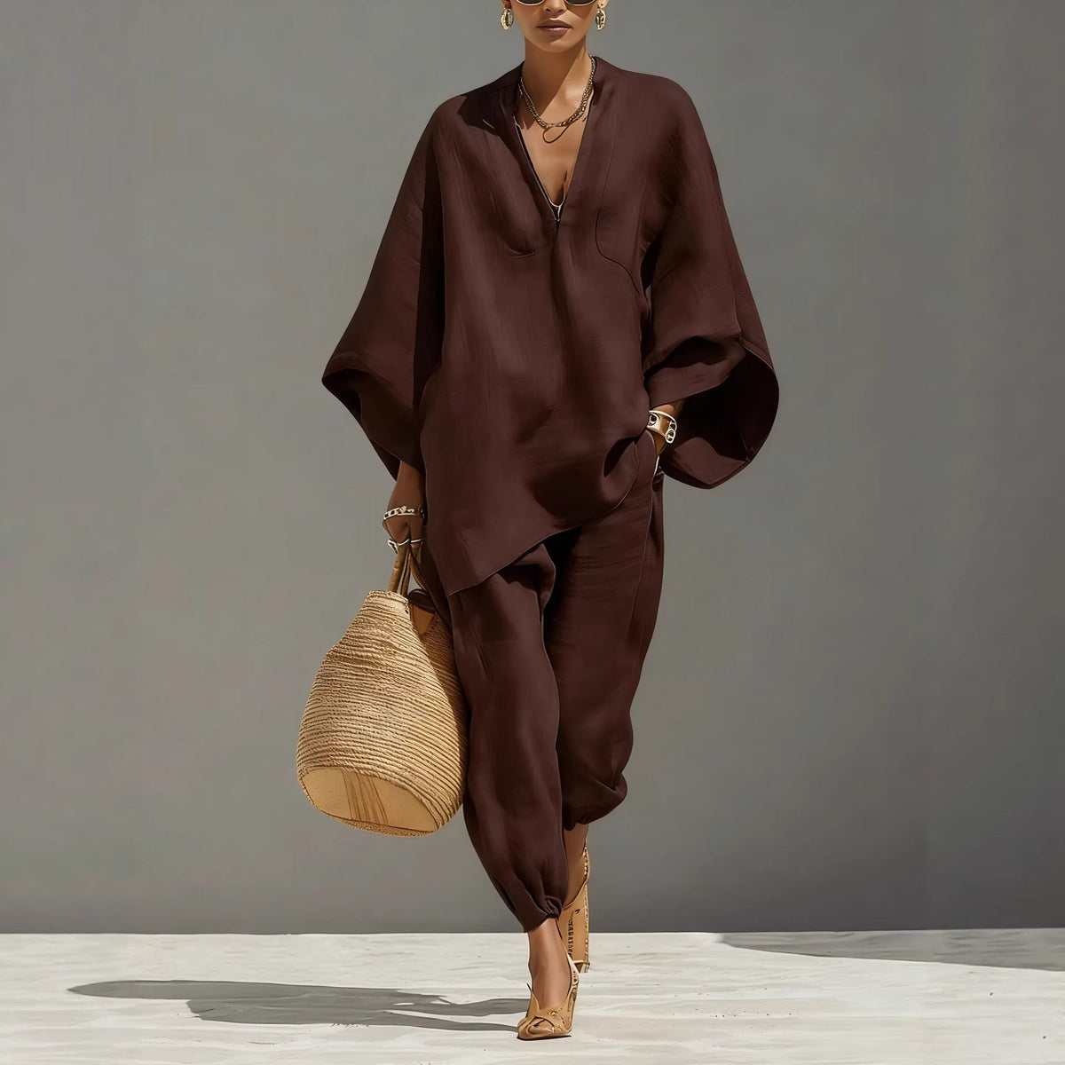 Women's Neutral Linen Set with Asymmetrical Hem & Minimalist Design, Sophisticated Casual-Everyday Style Set