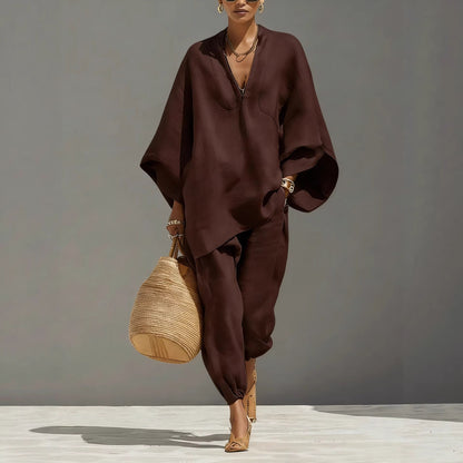 Women's Neutral Linen Set with Asymmetrical Hem & Minimalist Design, Sophisticated Casual-Everyday Style Set