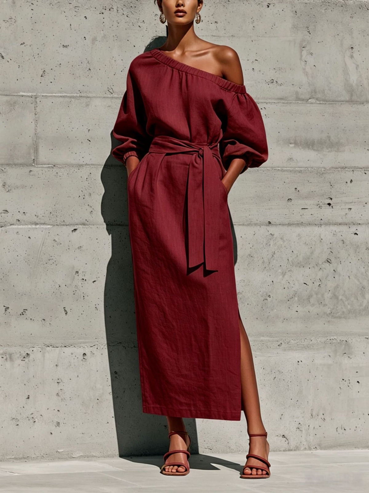 Robe Midi en Lin à Une Épaule Manches Bouffantes Taille Nouée et Fente Latérale