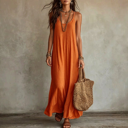Robe longue ample à fines bretelles en lin texturé