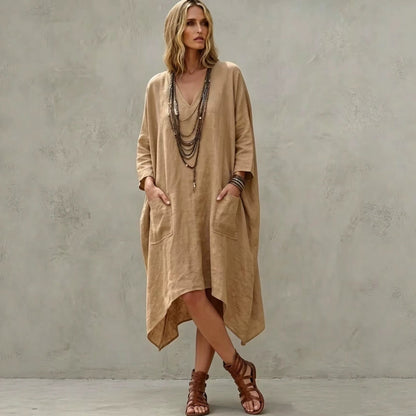 Robe midi en lin mélangé à col en V, manches 3/4, ourlet irrégulier et poches latérales