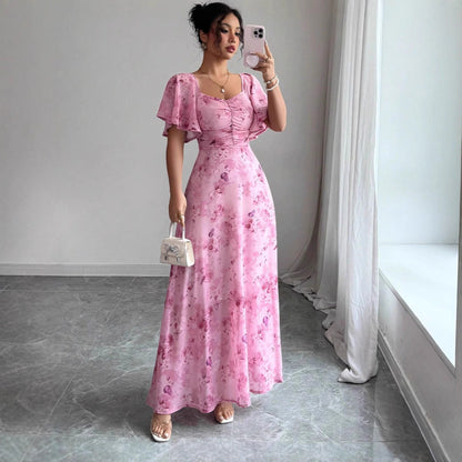 Robe longue à imprimé floral, froncée et à manches papillon fluides