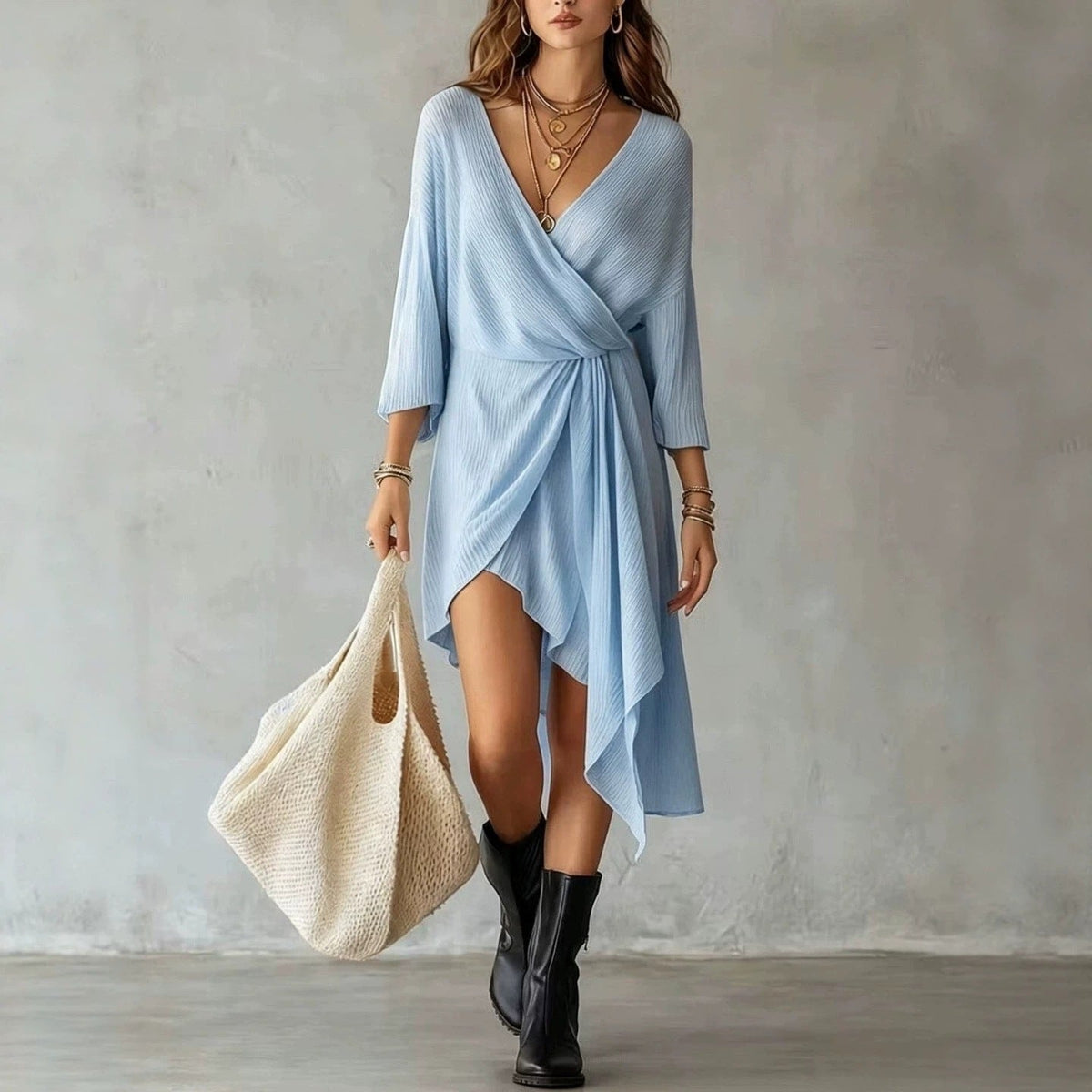 Mini-robe asymétrique en maille côtelée crème avec cache-cœur