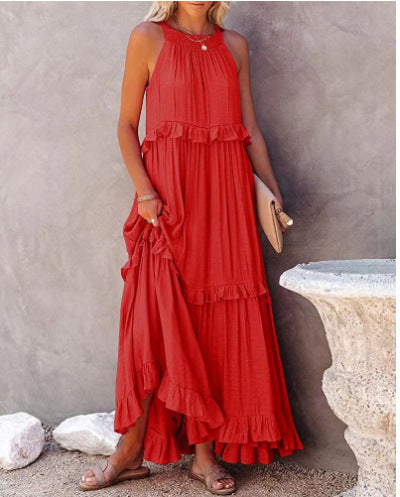 Robe longue fluide à volants et plusieurs niveaux, coupe halter