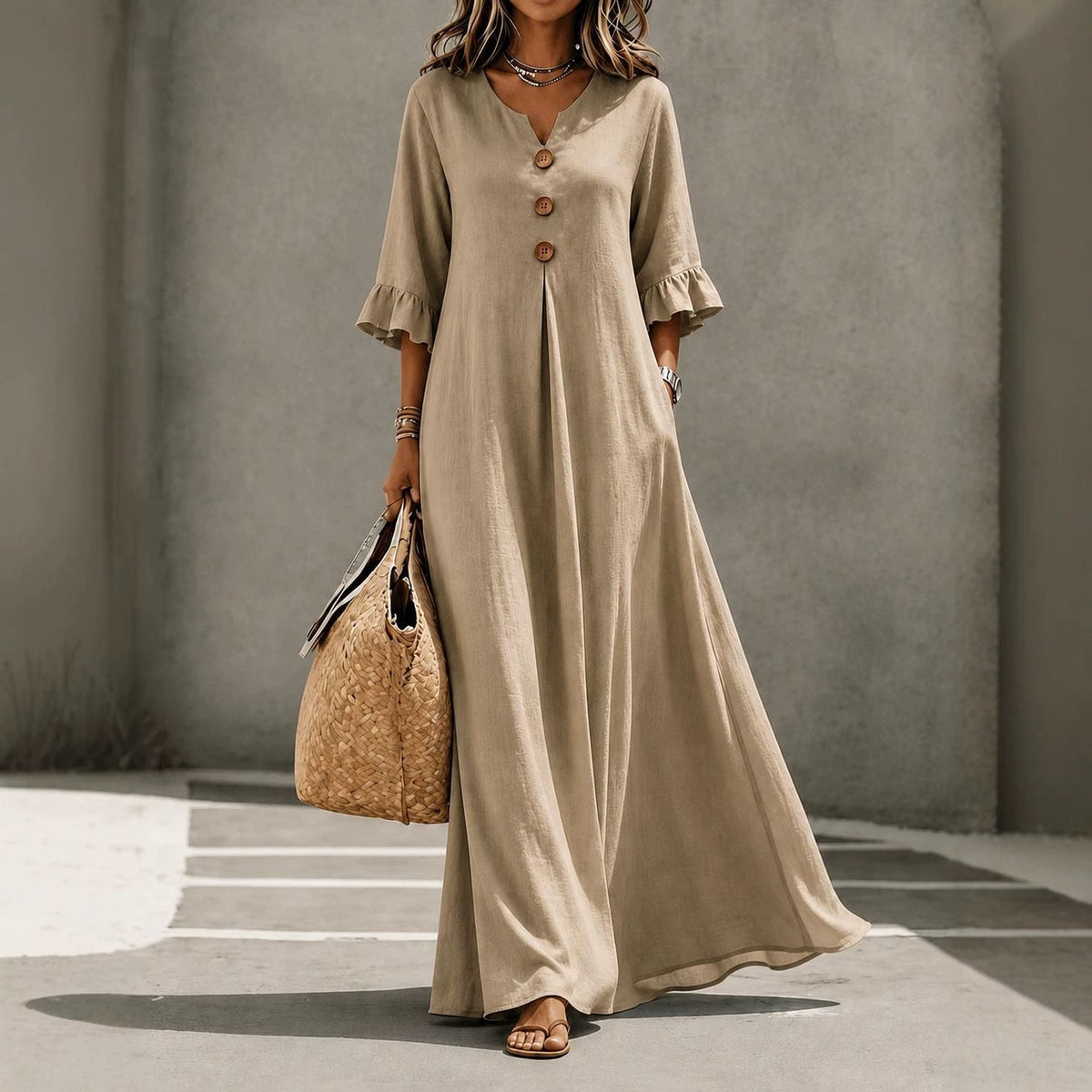 Robe longue en lin à col en V et manches volantées