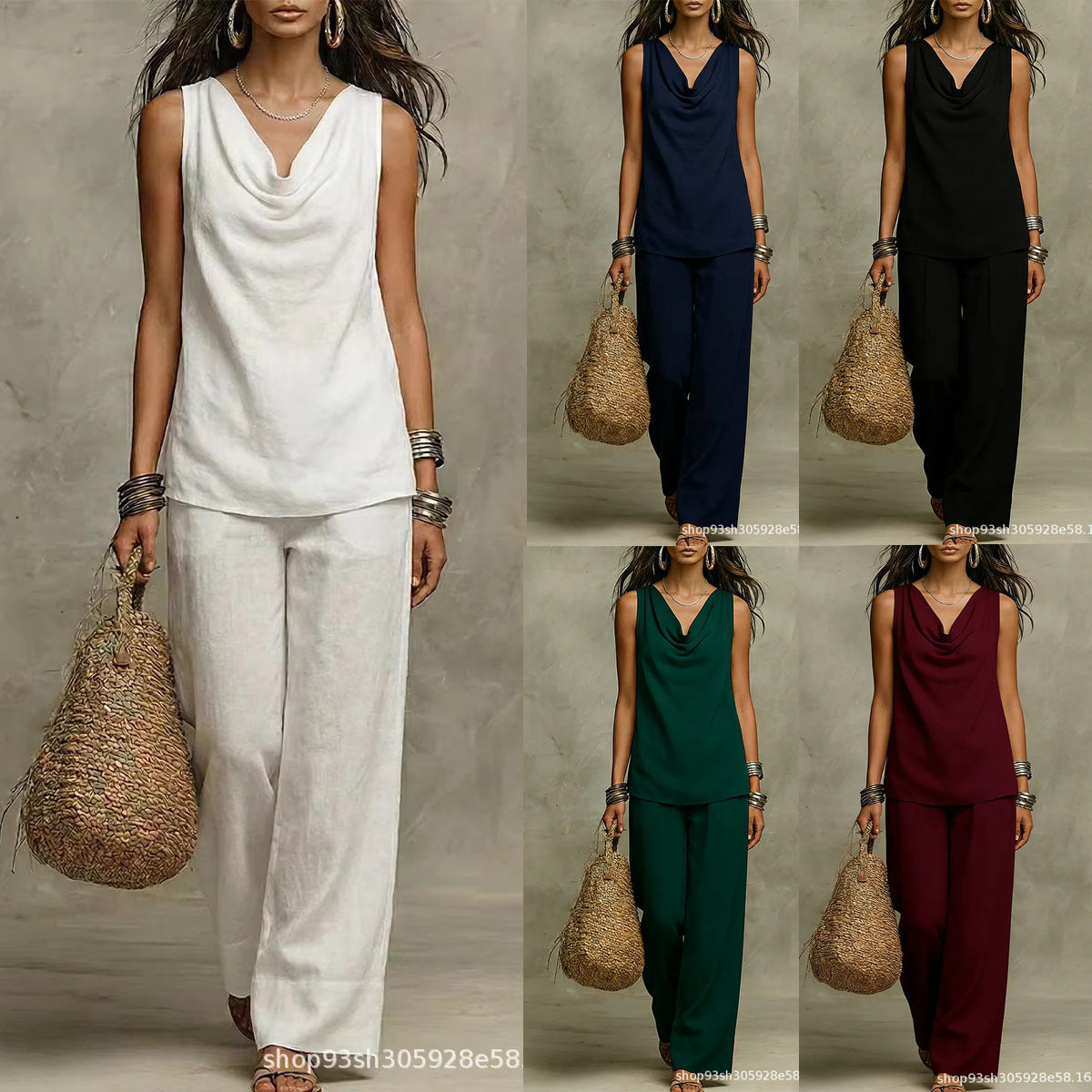 Ensemble deux pièces drapé sans effort - Haut sans manches à col bénitier et pantalon large