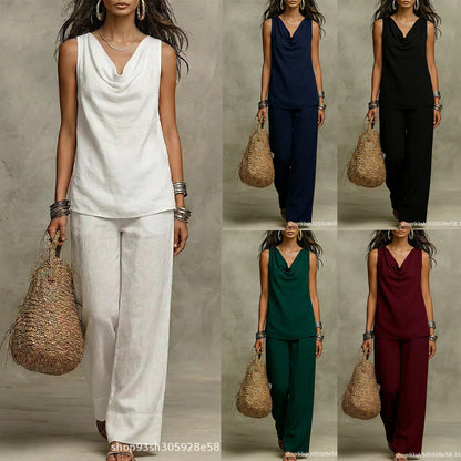 Ensemble deux pièces drapé sans effort - Haut sans manches à col bénitier et pantalon large