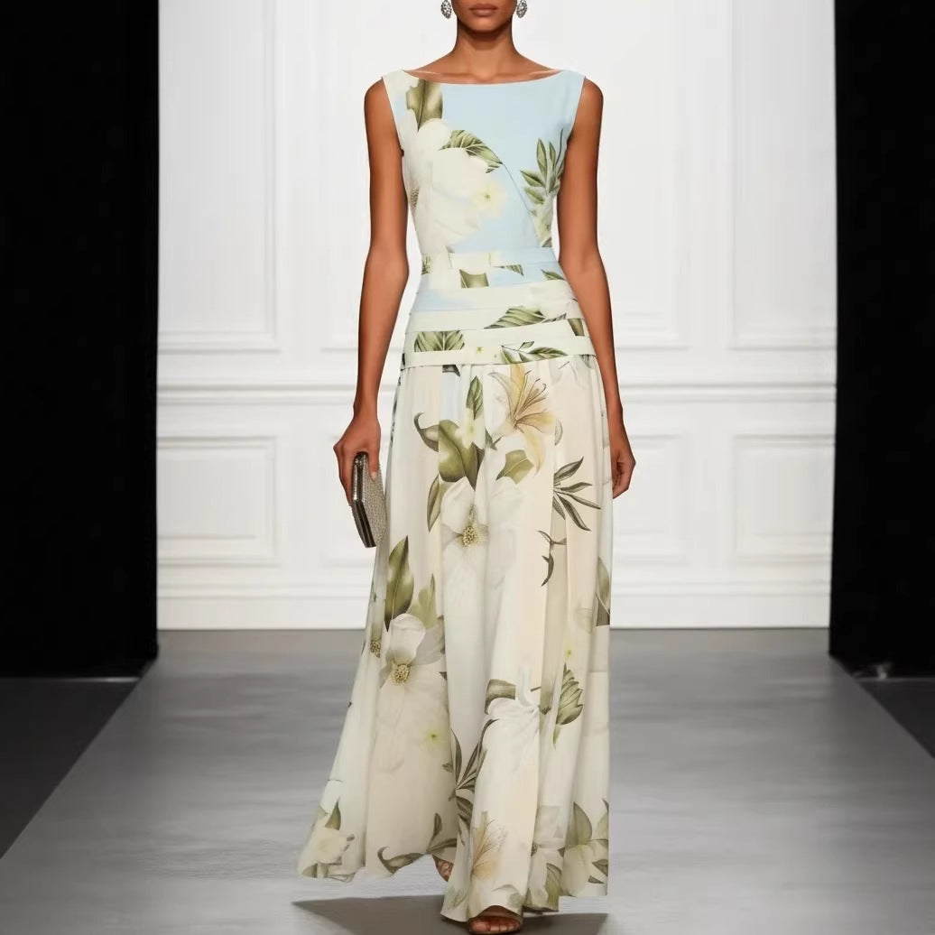 Robe longue vintage style color block à imprimé floral lys