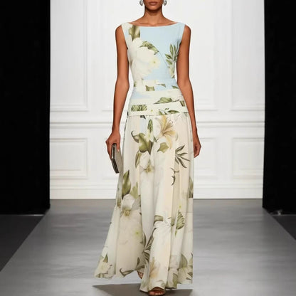 Robe longue vintage style color block à imprimé floral lys