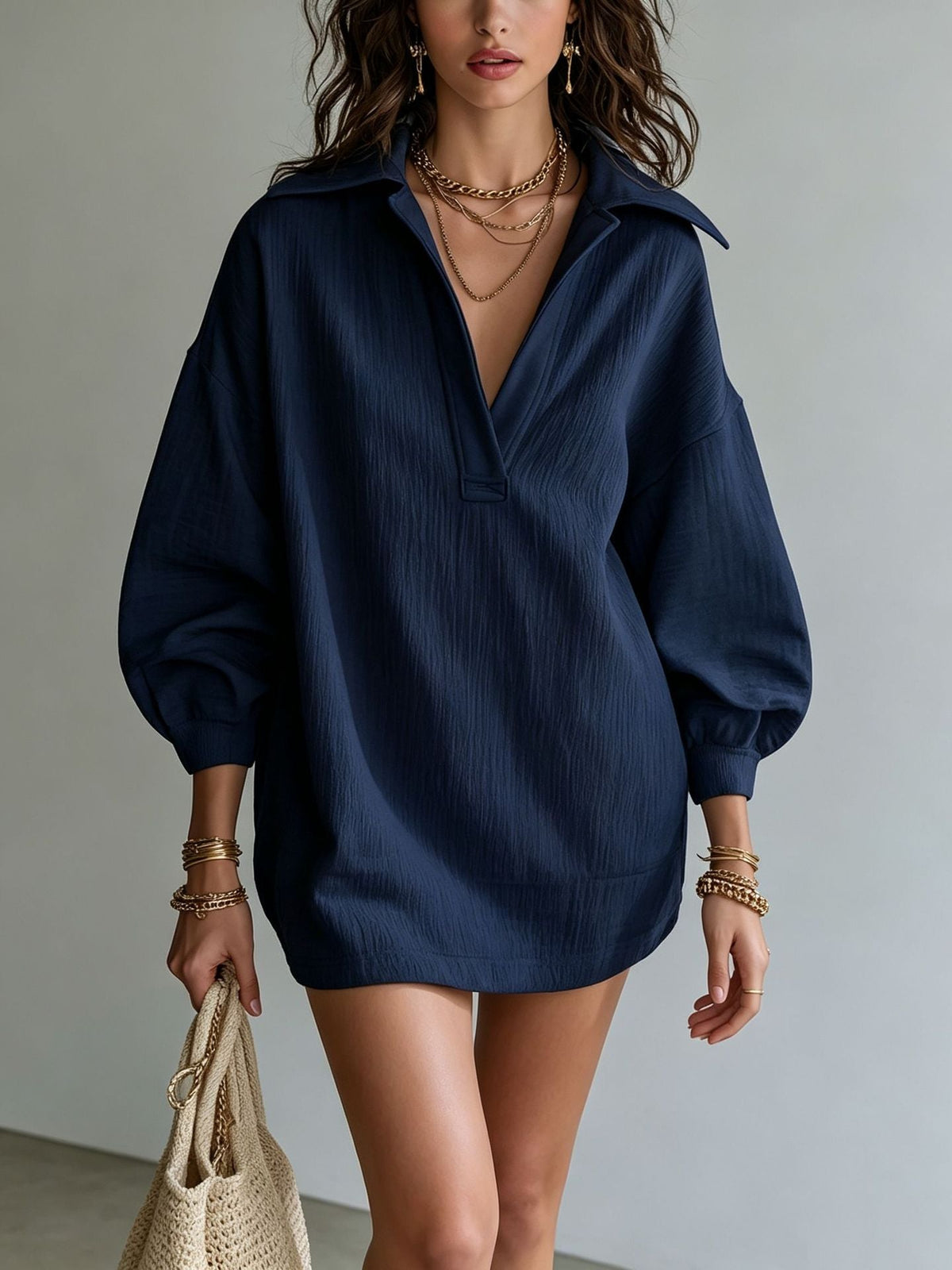 Crinkle Textured Collar V‑Neck Tunic Dress Women Loose Long Sleeve Casual Mini Dress
