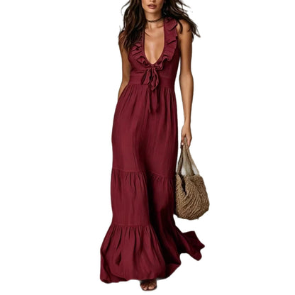 Robe longue décontractée ample à volants et col en V sans manches
