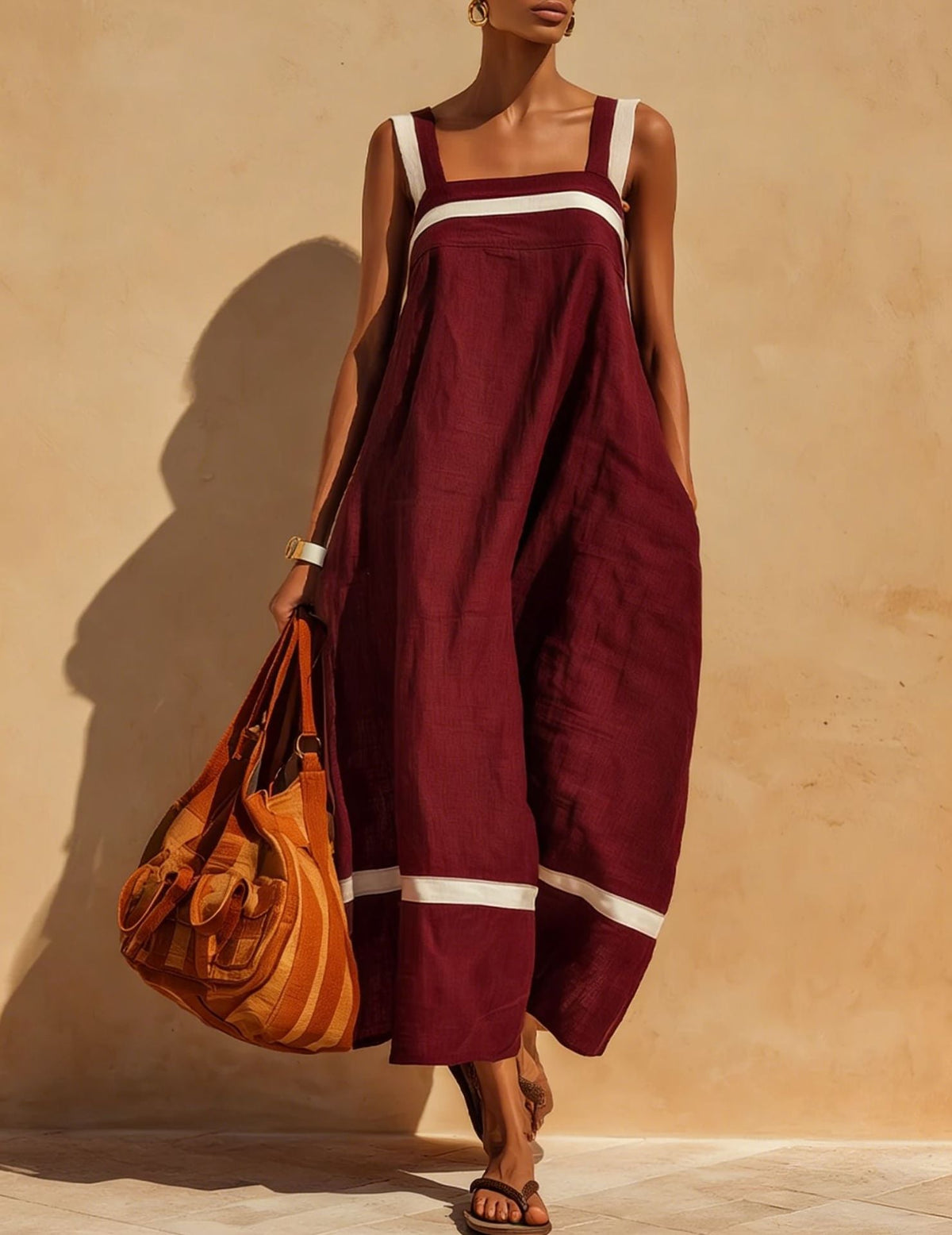 Ensemble jupe midi à col carré en lin avec rayures contrastantes blanches
