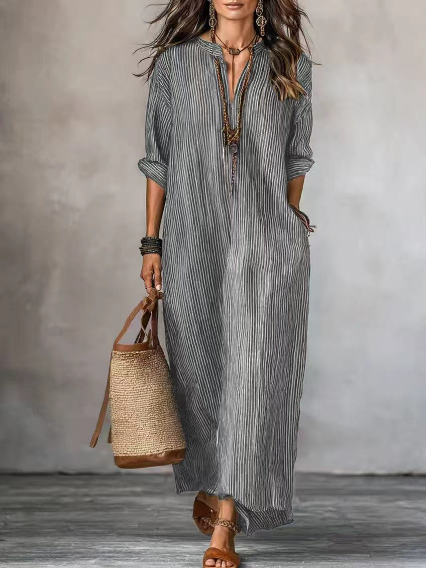 Robe longue texturée froissée à col en V, manches courtes et coupe ample