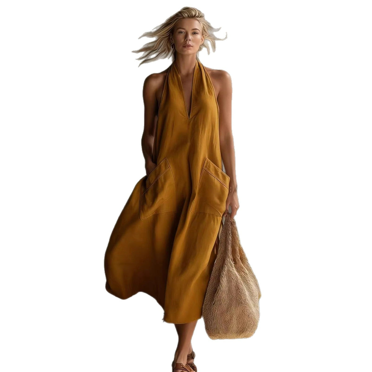 Robe midi décontractée en lin à encolure dos-nu avec poches
