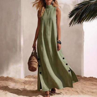 Robe longue décontractée sans manches en coton et lin de couleur unie avec fente latérale