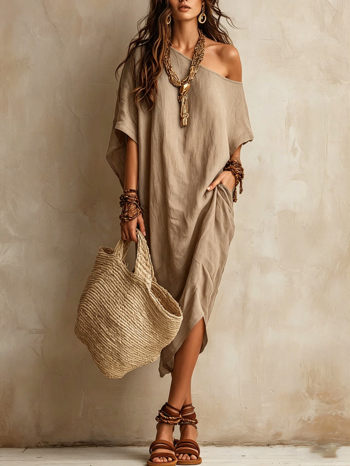 Robe femme coton et lin asymétrique ample manches chauve-souris mi-longue fendue pour les vacances