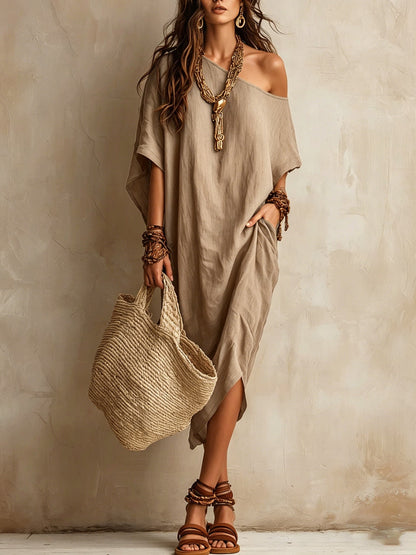 Robe femme coton et lin asymétrique ample manches chauve-souris mi-longue fendue pour les vacances
