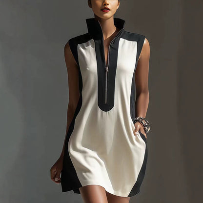 Robe Courte Bicolore Noire et Blanche Pour Femme avec Col Montant