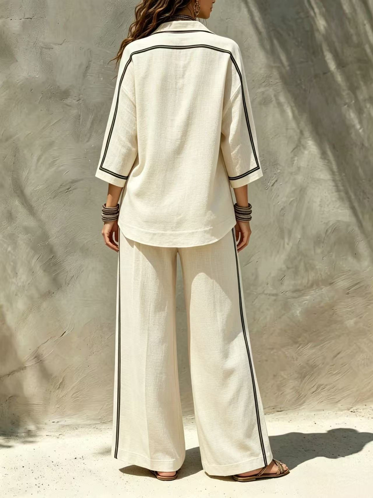 Ensemble deux pièces chemise à liseré contrastant et pantalon large