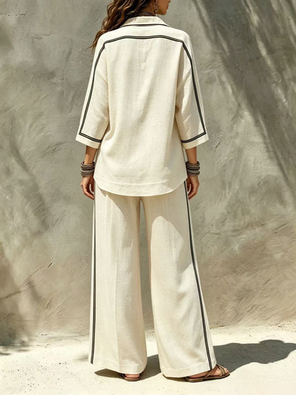 Ensemble deux pièces chemise à liseré contrastant et pantalon large